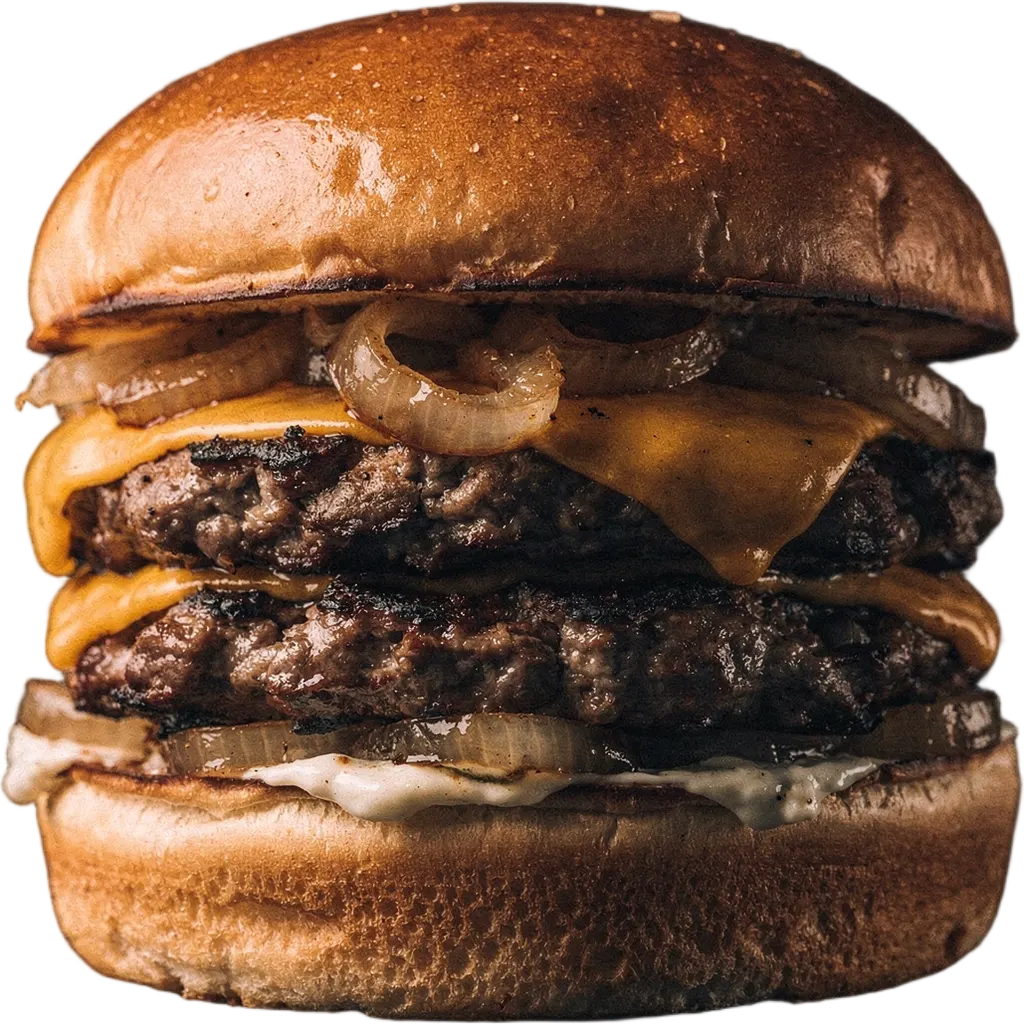 Ein Burger mit zwei Patties, geschmolzenem Bergkäse und geschmorten Zwiebeln auf Brioche
