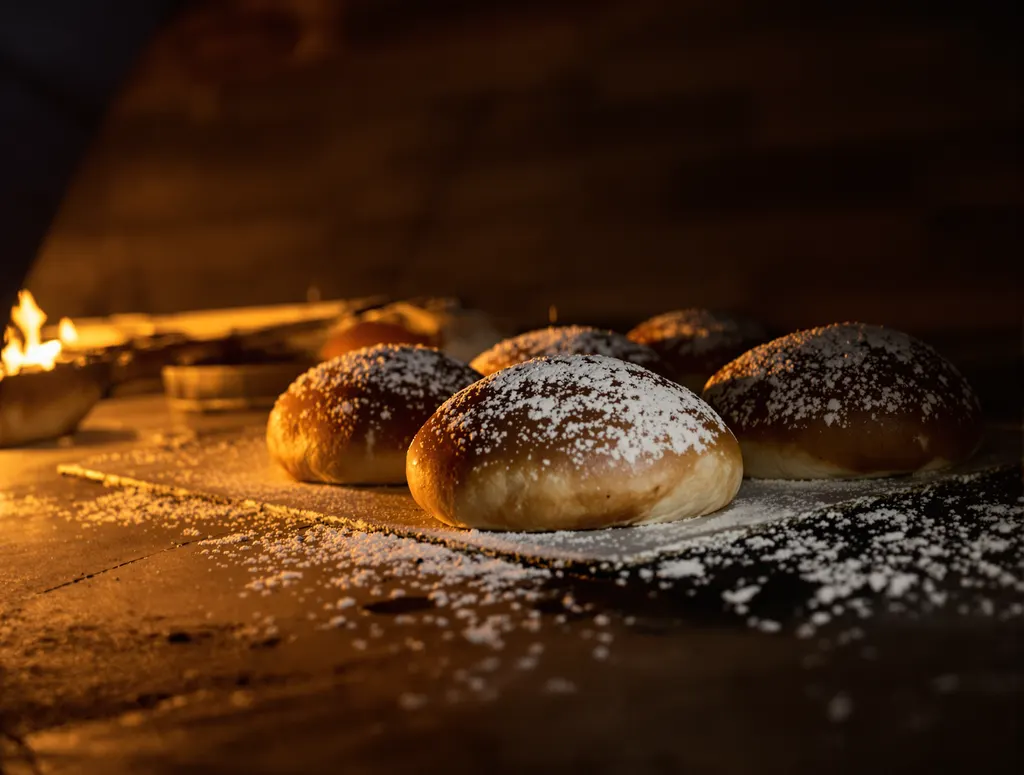 Frisch gebackene Buns aus dem Steinofen, goldbraun und duftend
