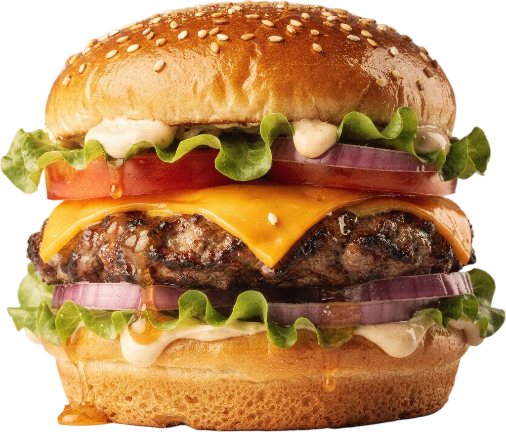 Der SESAM Klassiker: doppelter Cheeseburger mit schmelzendem Cheddar, Salat, Tomaten und goldener Sesam-Semmel